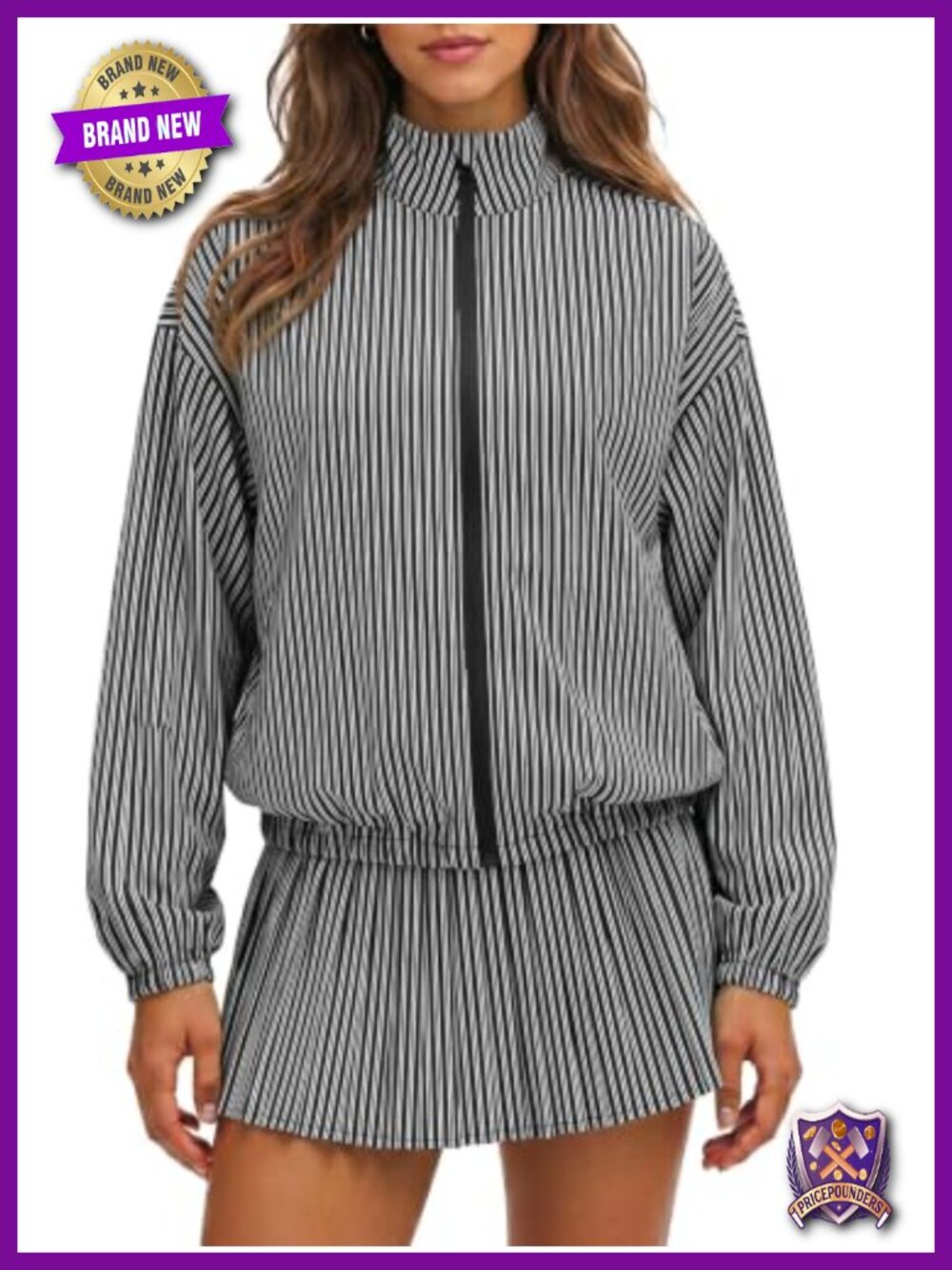 Womens Striped 2 Piece Tracksuit Set Zip Jacket & Pleated Skirt Tennis Outfit